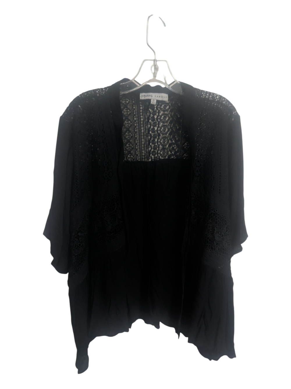 Absolutely Famous Kimono Sz Small Black Women's crochet Embroidery Open W-547